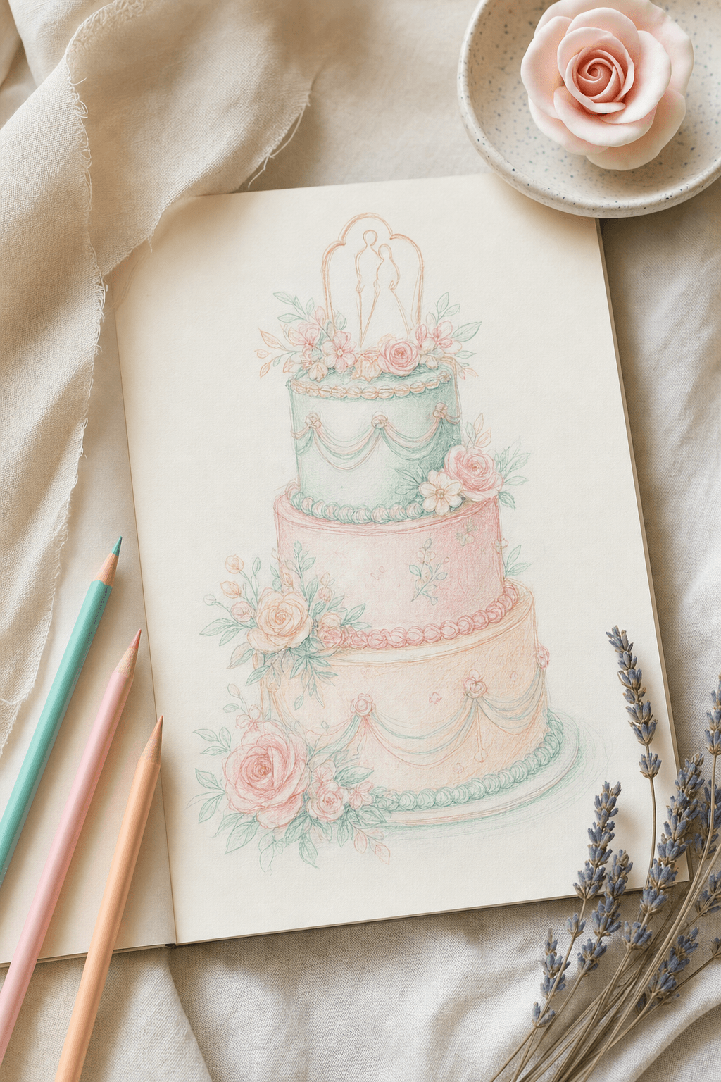 A baker's design sketchbook with a hand-drawn pastel cake